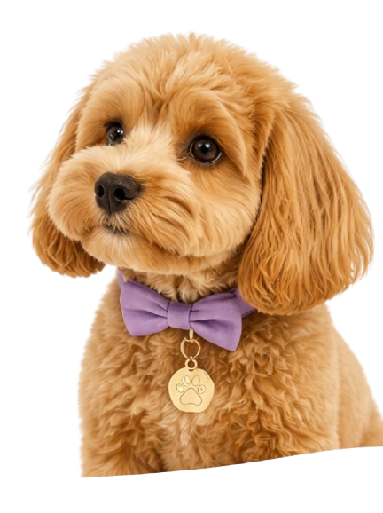 Happy golden retriever wearing a purple bow tie — GetWoofyPaw premium dog accessories